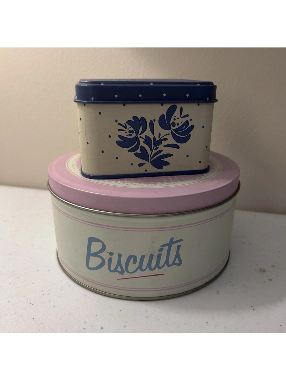 Cottagecore Canisters Tins Country Pink Bird Set of 2 Vintage Pfaltzgraff Blue